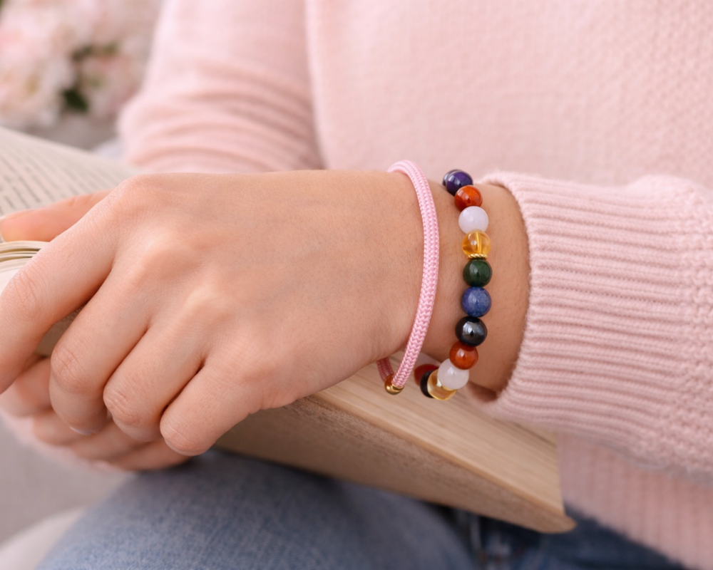 7 Chakra Bracelet  with Pink Kada