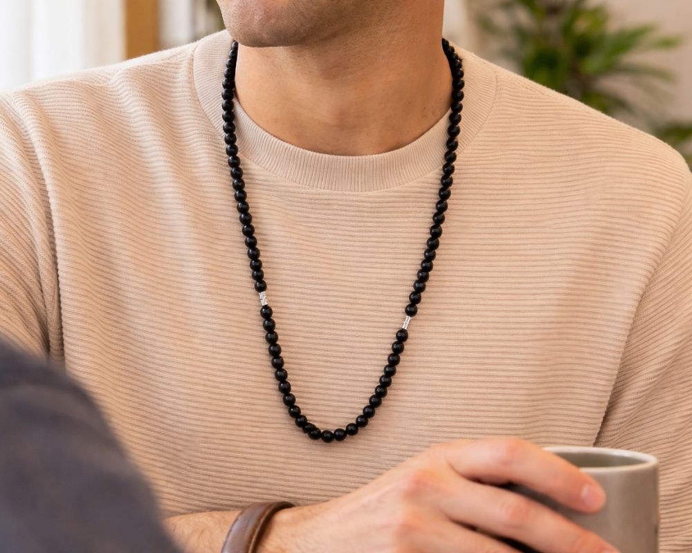 Black Tourmaline with Silver Metal Charm Mala