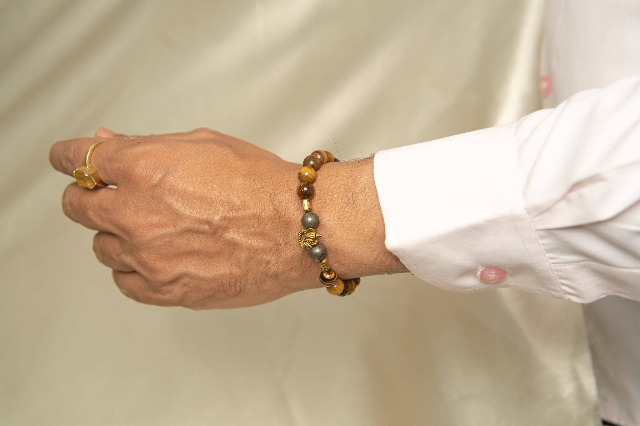 Iron Pyrite & Tiger's Eye with Golden Charm Bracelet