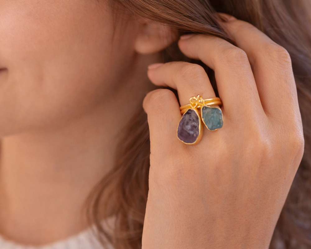 Dangling Amethyst & Apatite Raw Ring