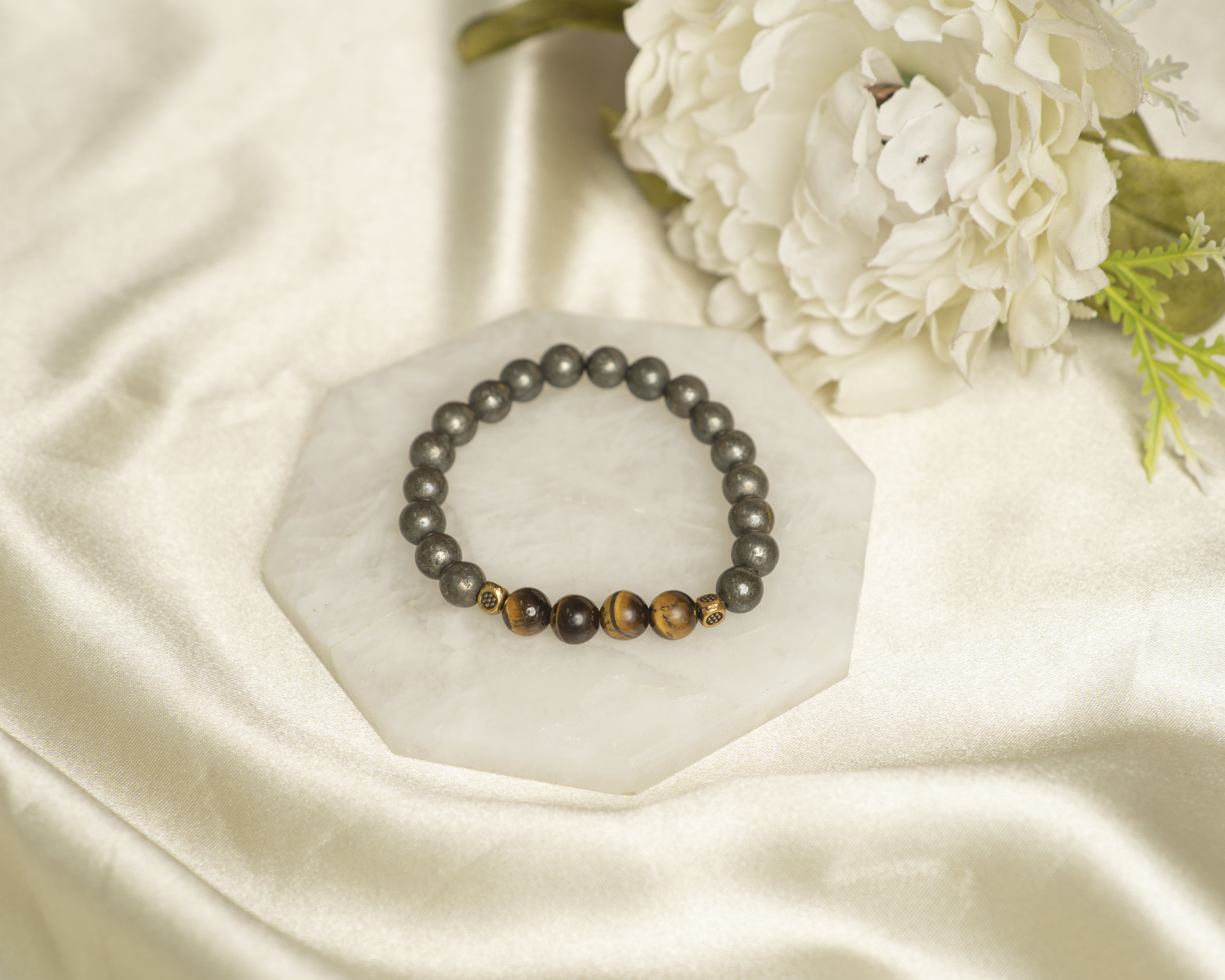 Tiger's Eye & Iron Pyrite with Golden Charm Bracelet