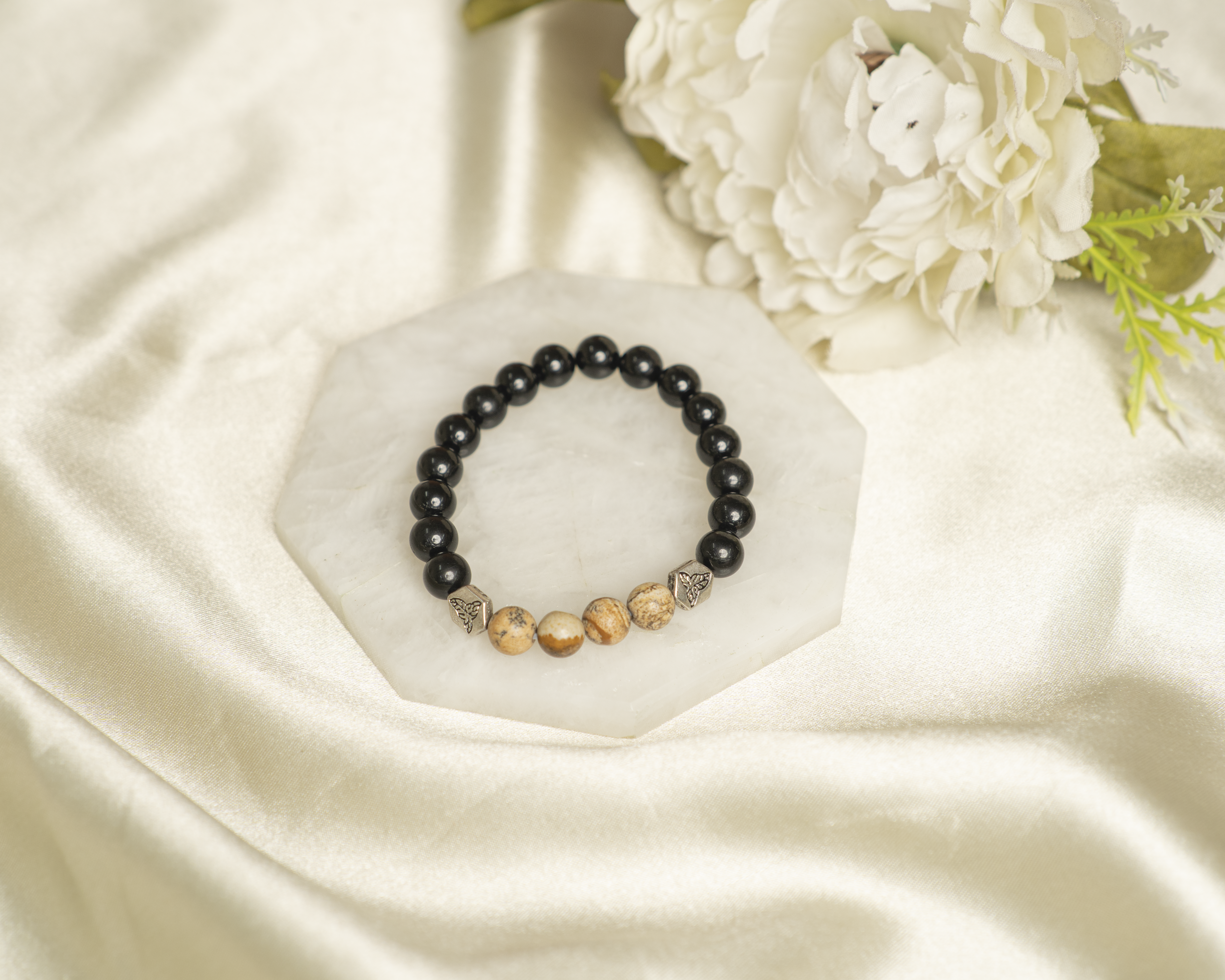Black Tourmaline & Camel Jasper with Silver Charm