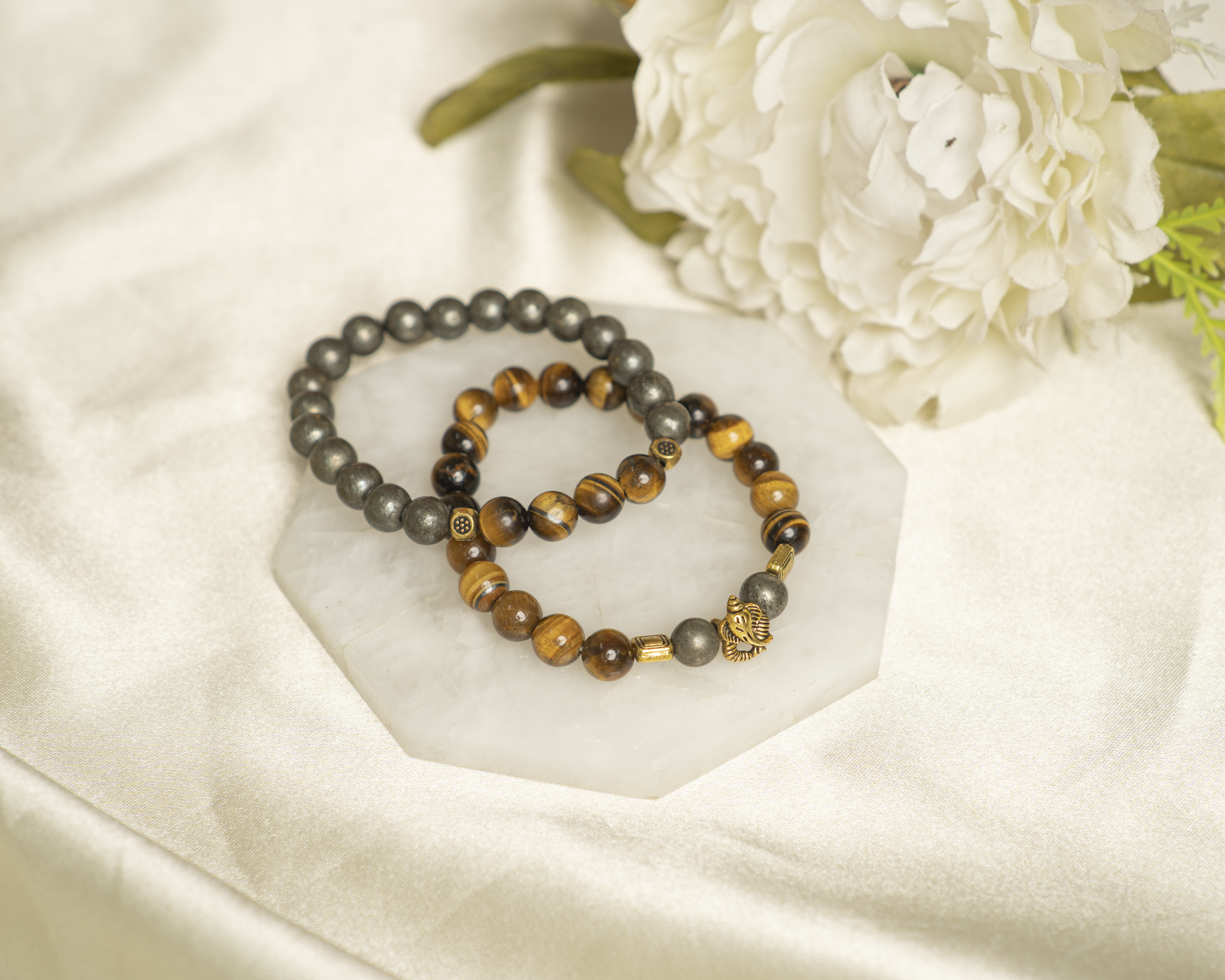 Iron Pyrite & Tiger's Eye  with Golden Charm Combo Bracelets