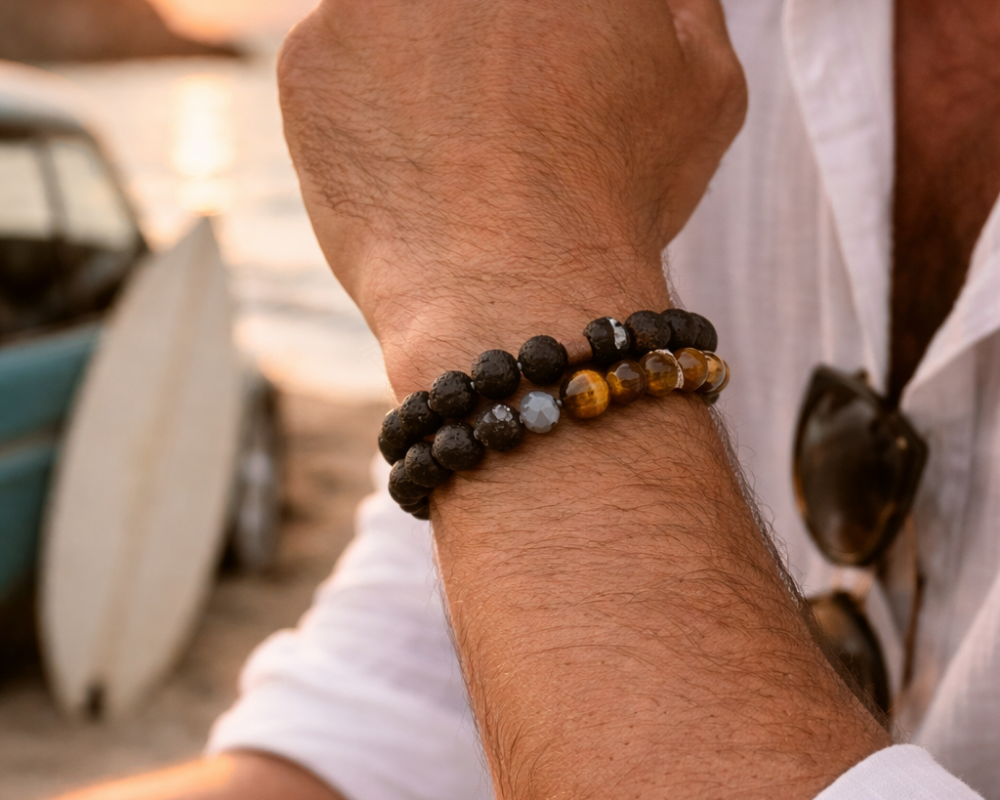 Lava & Tiger's Eye Beads with Silver Charm Combo Bracelets