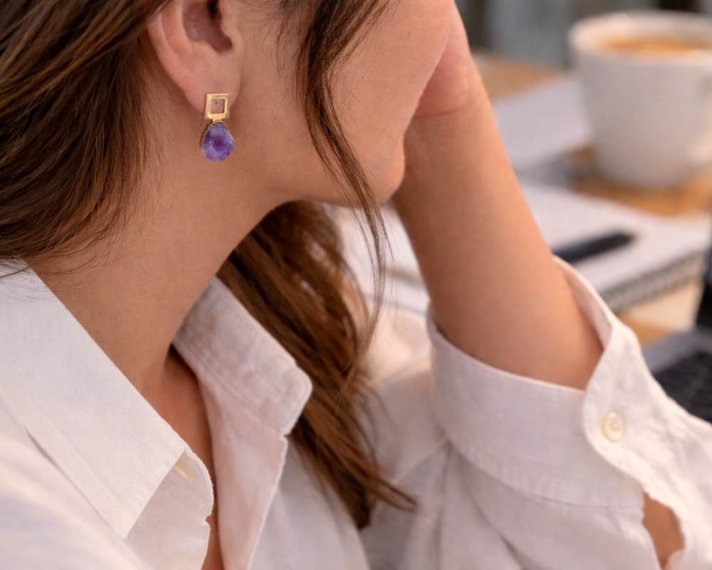Raw Amethyst Metal Square Earrings
