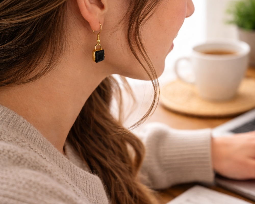 Raw Black Tourmaline Dangler Earrings