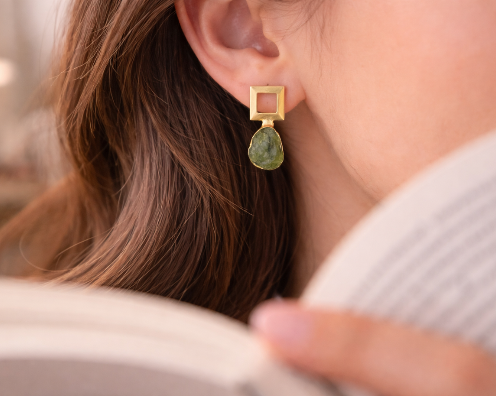 Raw Peridot Metal Square Earrings