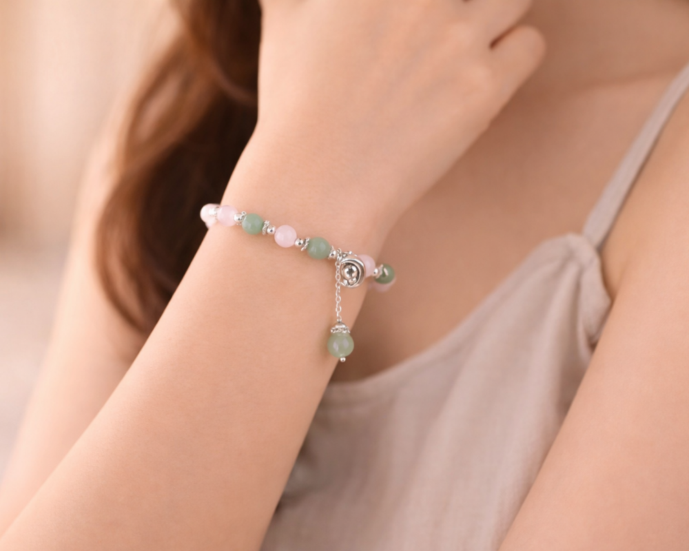 Rose Quartz, Green Aventurine With Silver Hanging Charm