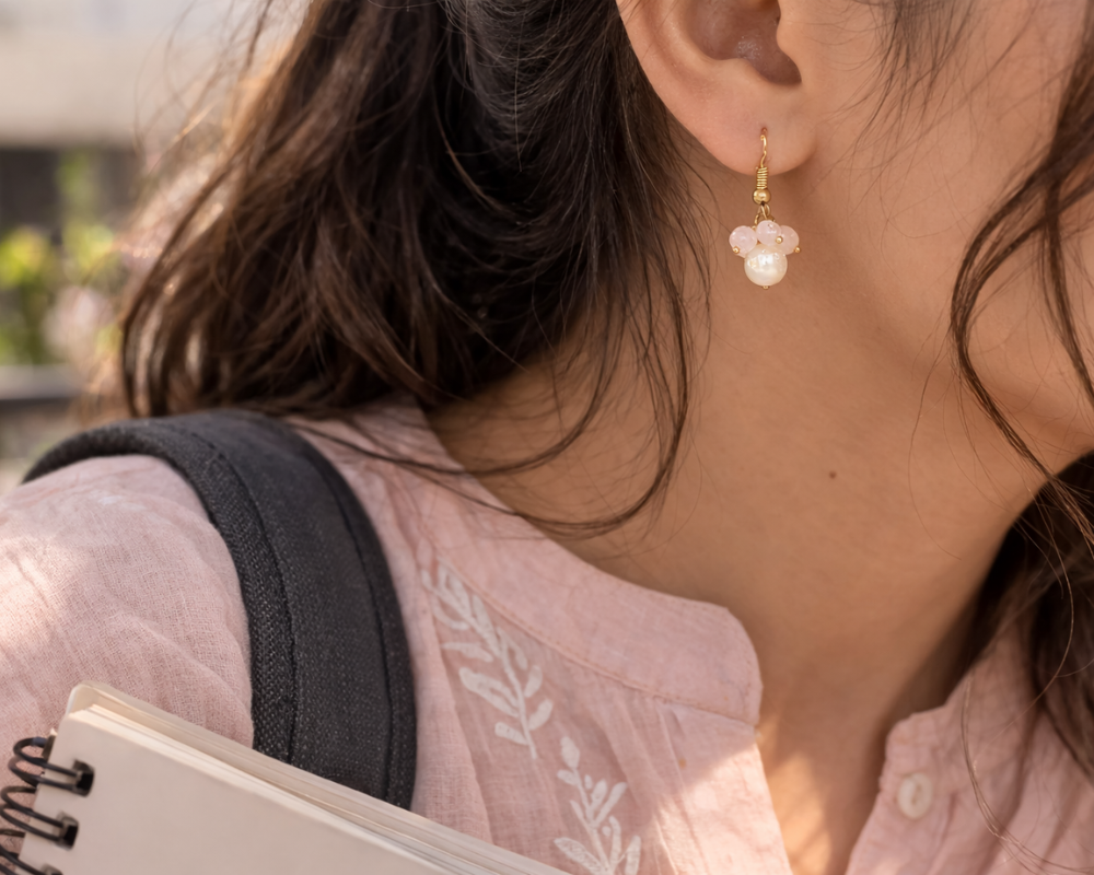 Rose Quartz With Pearl Earrings