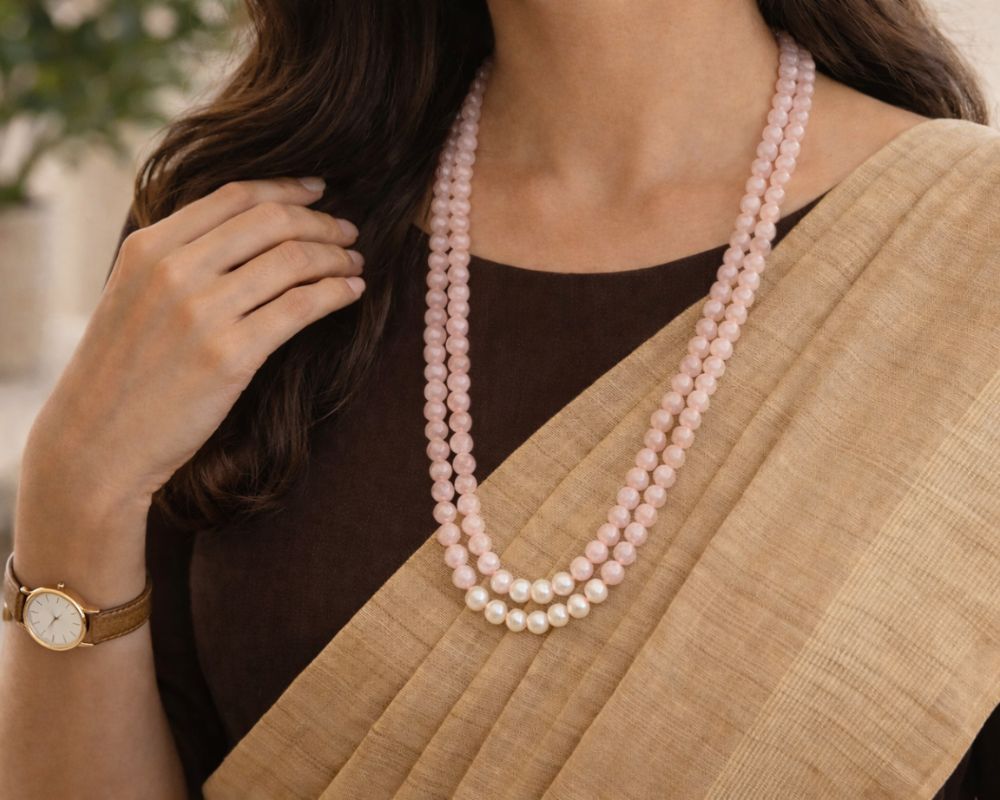 Rose Quartz with Moti Necklace