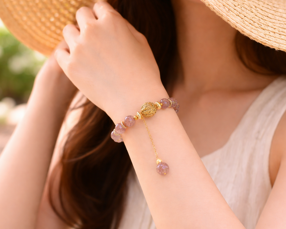 Strawberry Quartz With Golden Hanging Charm