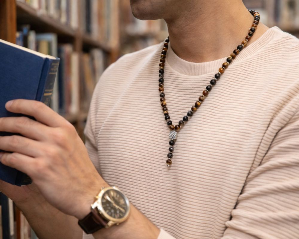 Tiger's Eye, Hematite & Lava Stone with Metal Charm Necklace