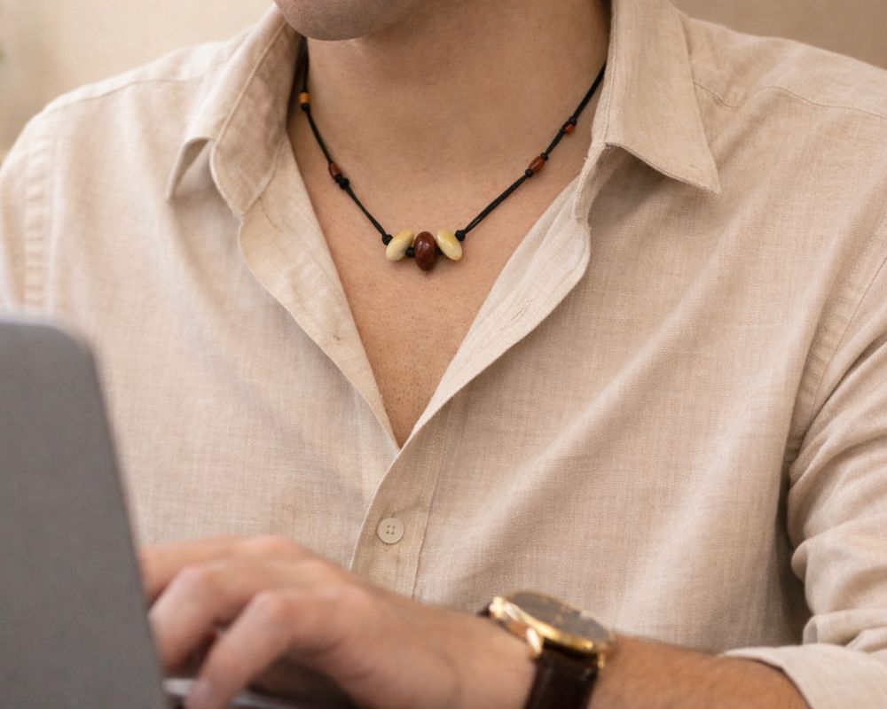 Yellow Agate & Jasper with Wooden Beads Thread Necklace
