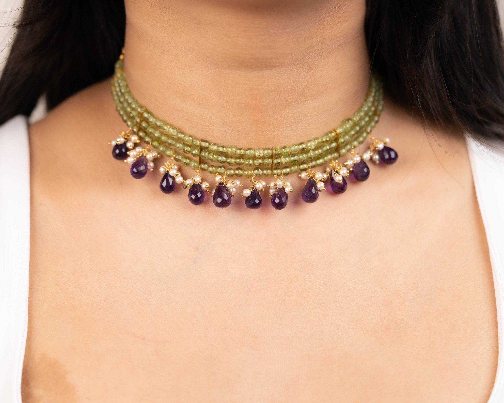 Amethyst Drop & Pearl Peridot Necklace - Bodh Gem and Crystals