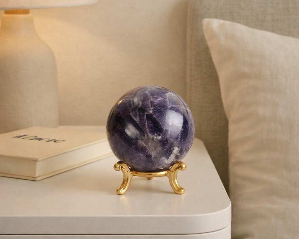 Decorative purple sphere on a small table with a lamp and book in the background