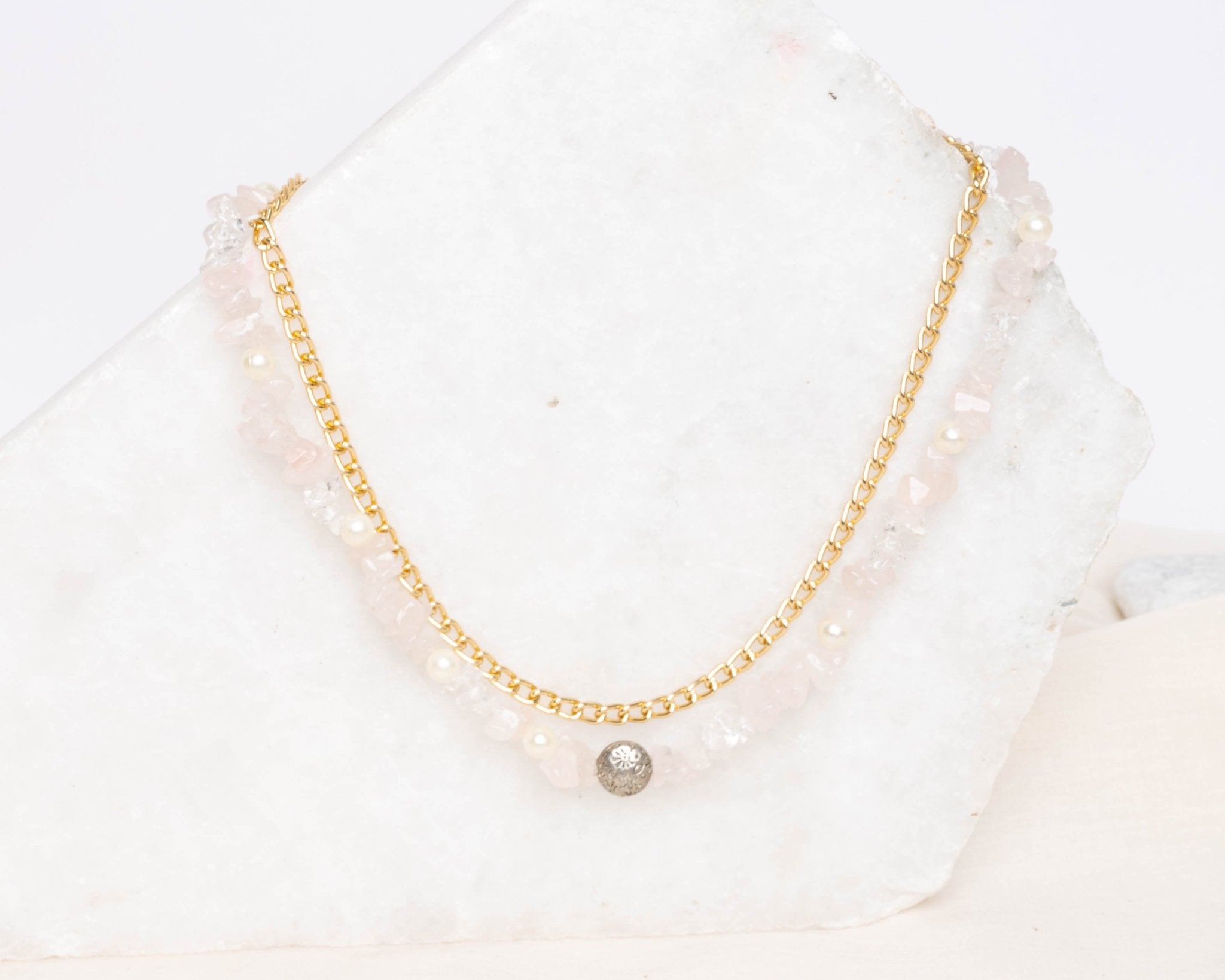 Pearly Rose Quartz & Clear Quartz Double Chain Necklace - Bodh Gem and Crystals