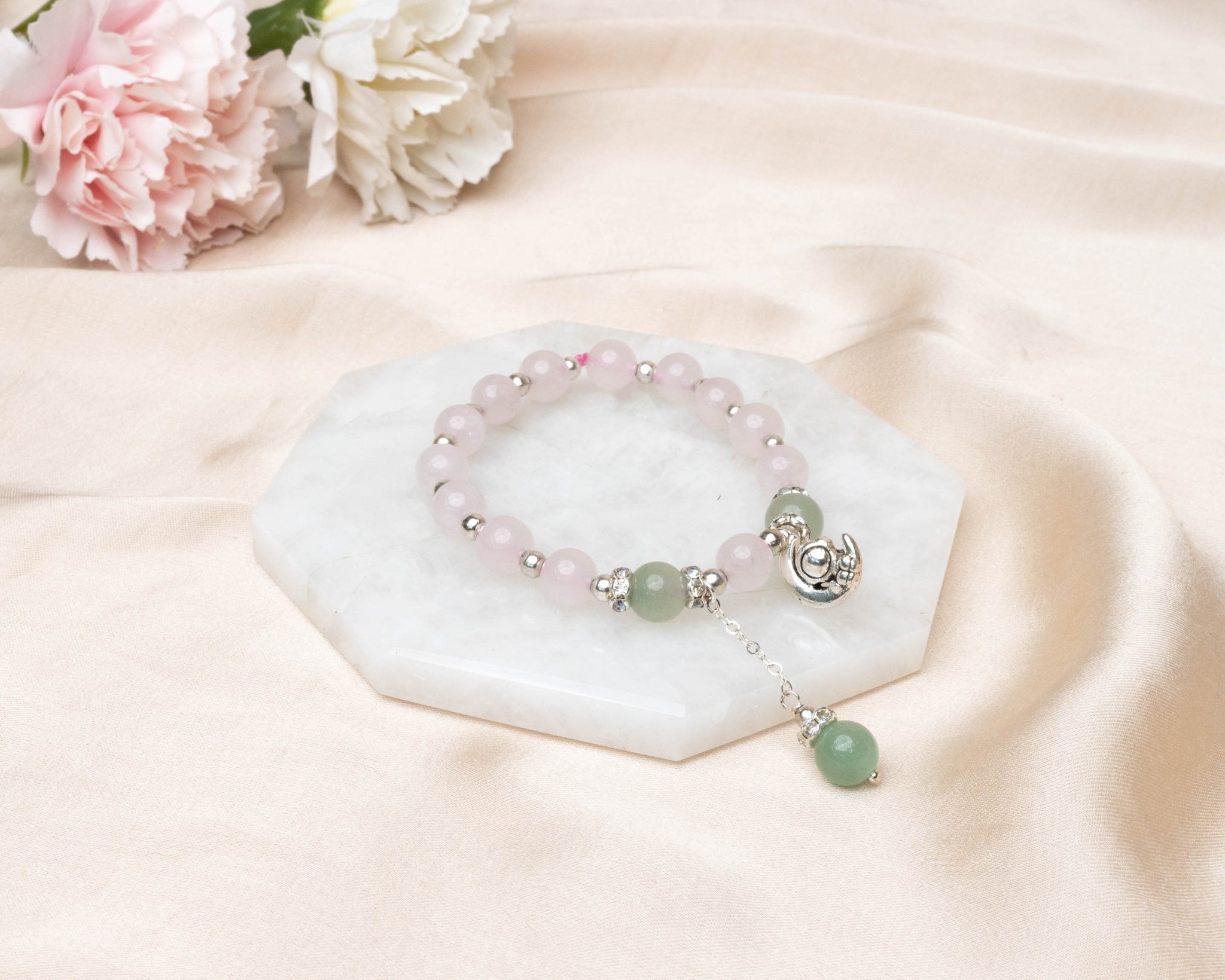 Rose Quartz, Green Aventurine With Silver Hanging Charm Lumba - Bodh Gem and Crystals
