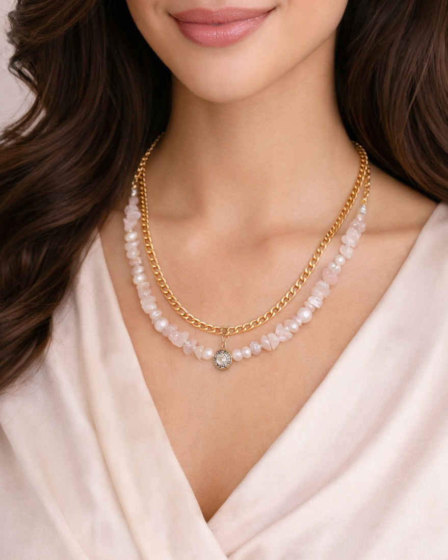 Pearly Rose Quartz & Clear Quartz Double Chain Necklace
