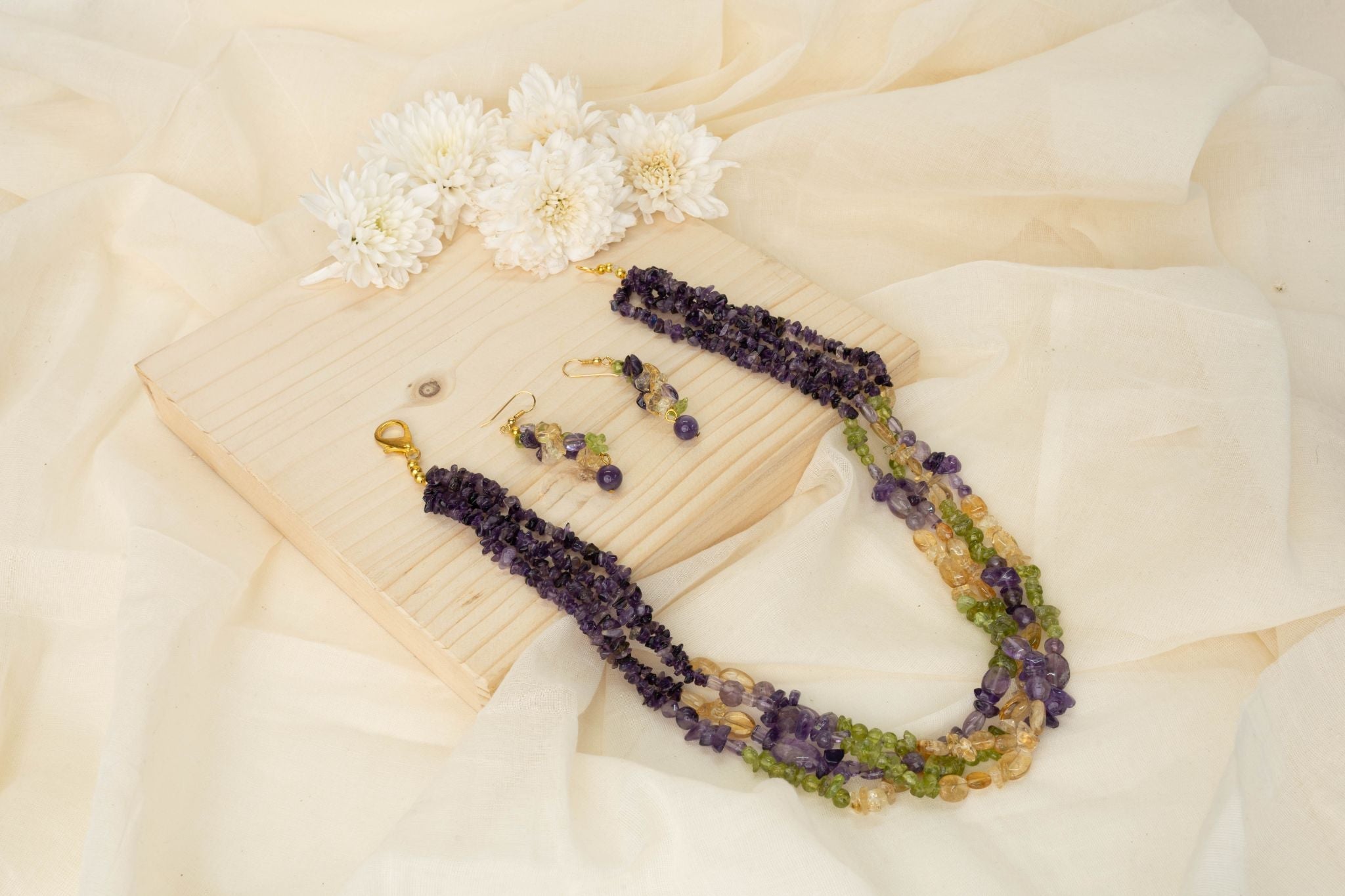 Amethyst ,Peridot & Citrine Necklace - Bodh Gem and Crystals