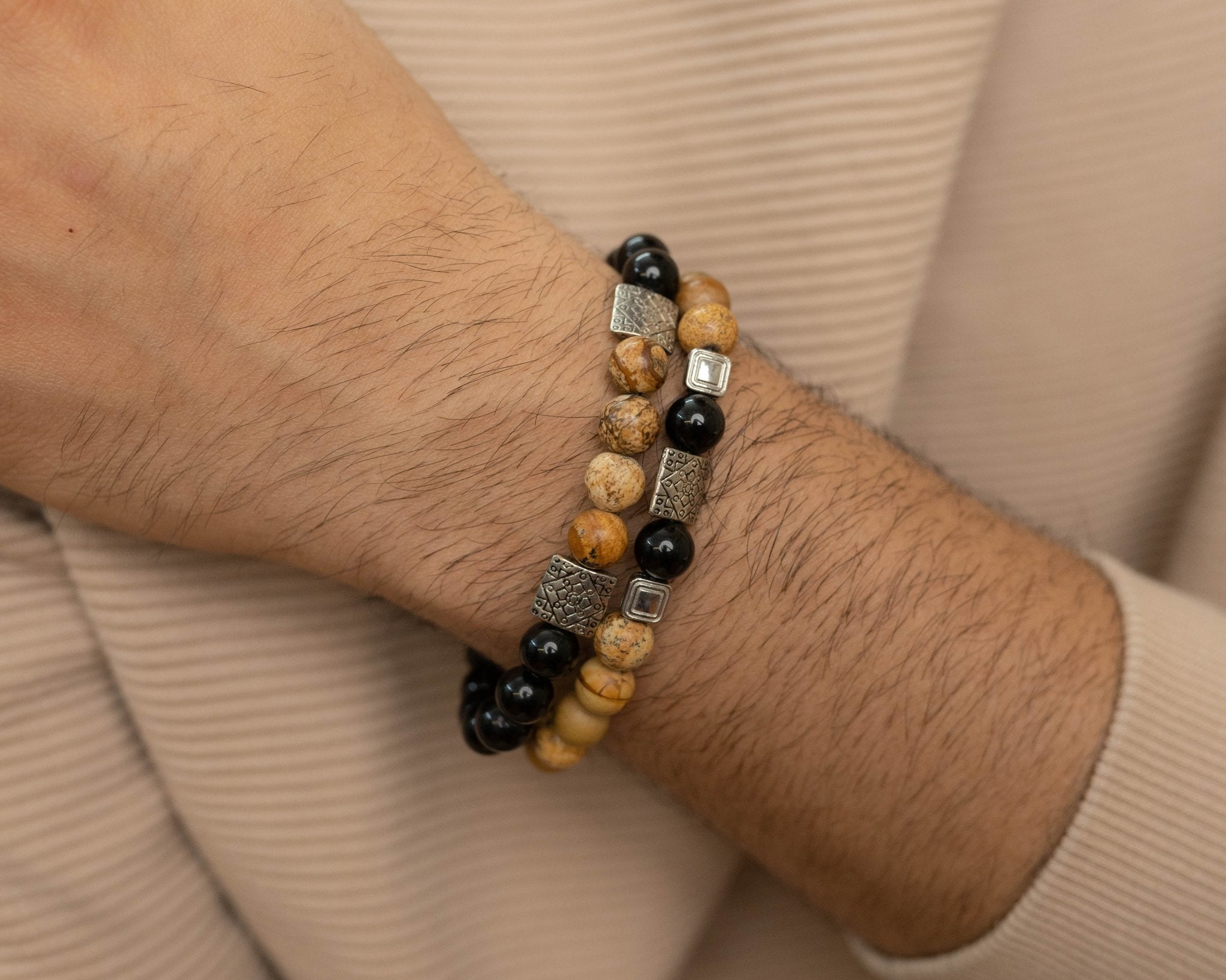 Black Tourmaline & Camel Jasper with Charm Combo Bracelets - Bodh Gem and Crystals