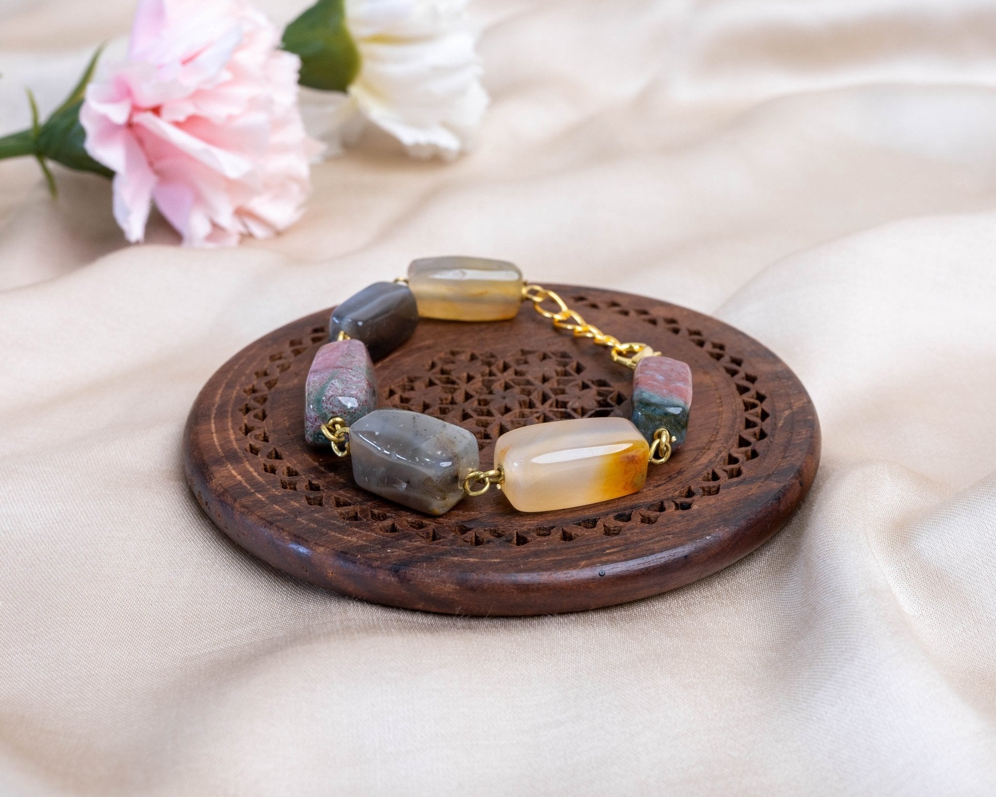 Bloodstone, Yellow & Grey Agate Bracelet - Bodh Gem and Crystals