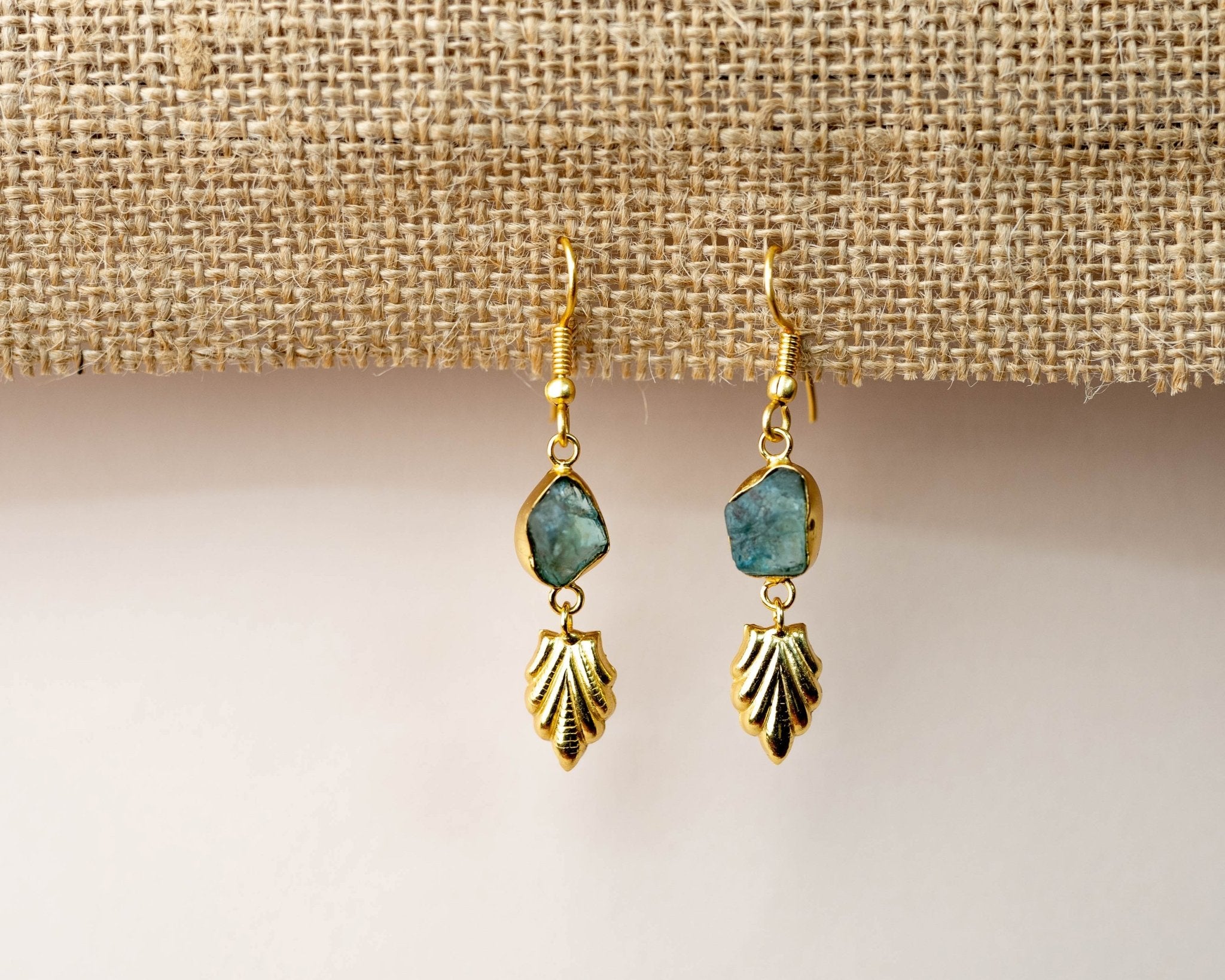 Blue Apatite Golden Leaf Earrings - Bodh Gem and Crystals