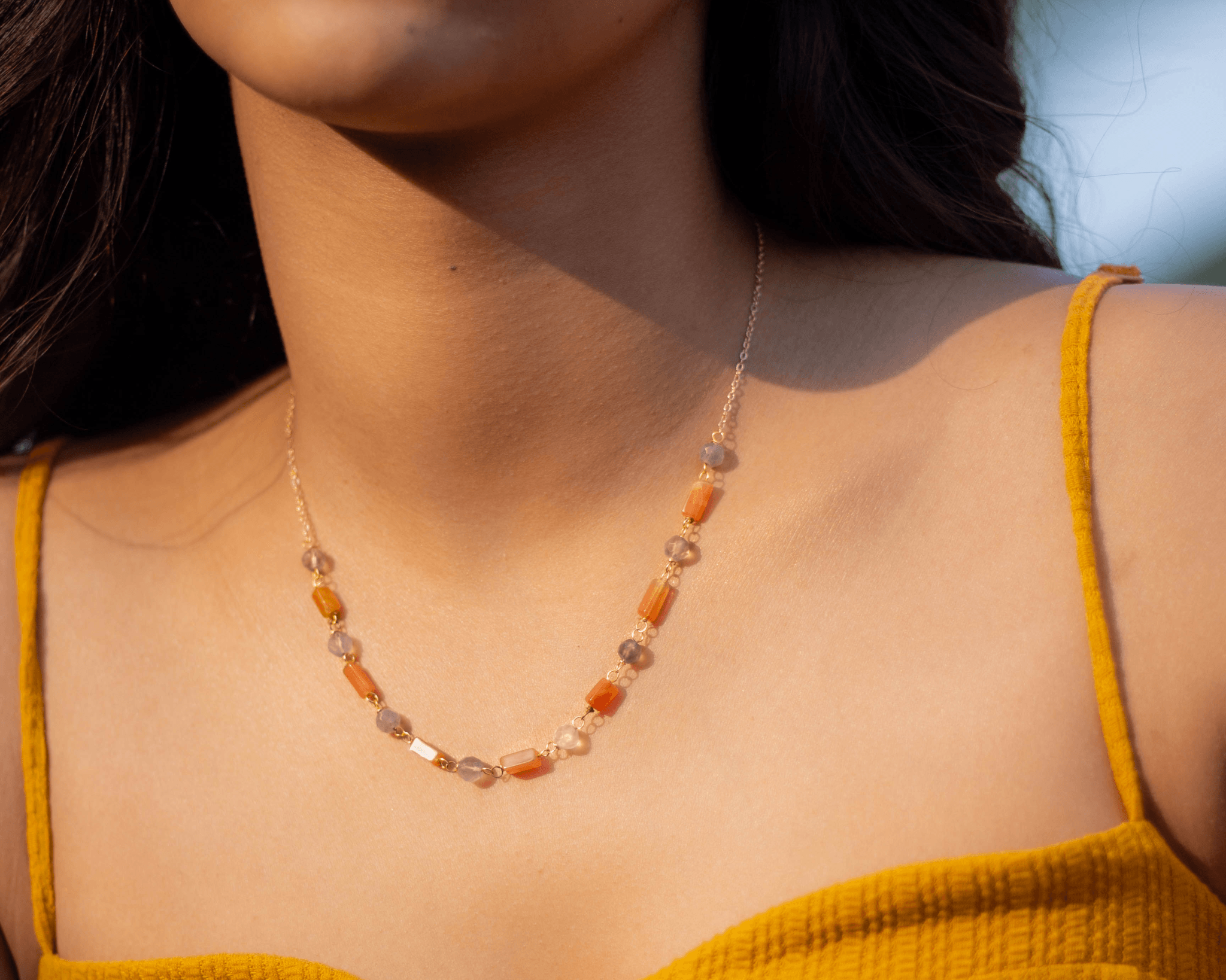 Carnelian Rectangle + Grey Moonstone Necklace - Bodh Gem and Crystals