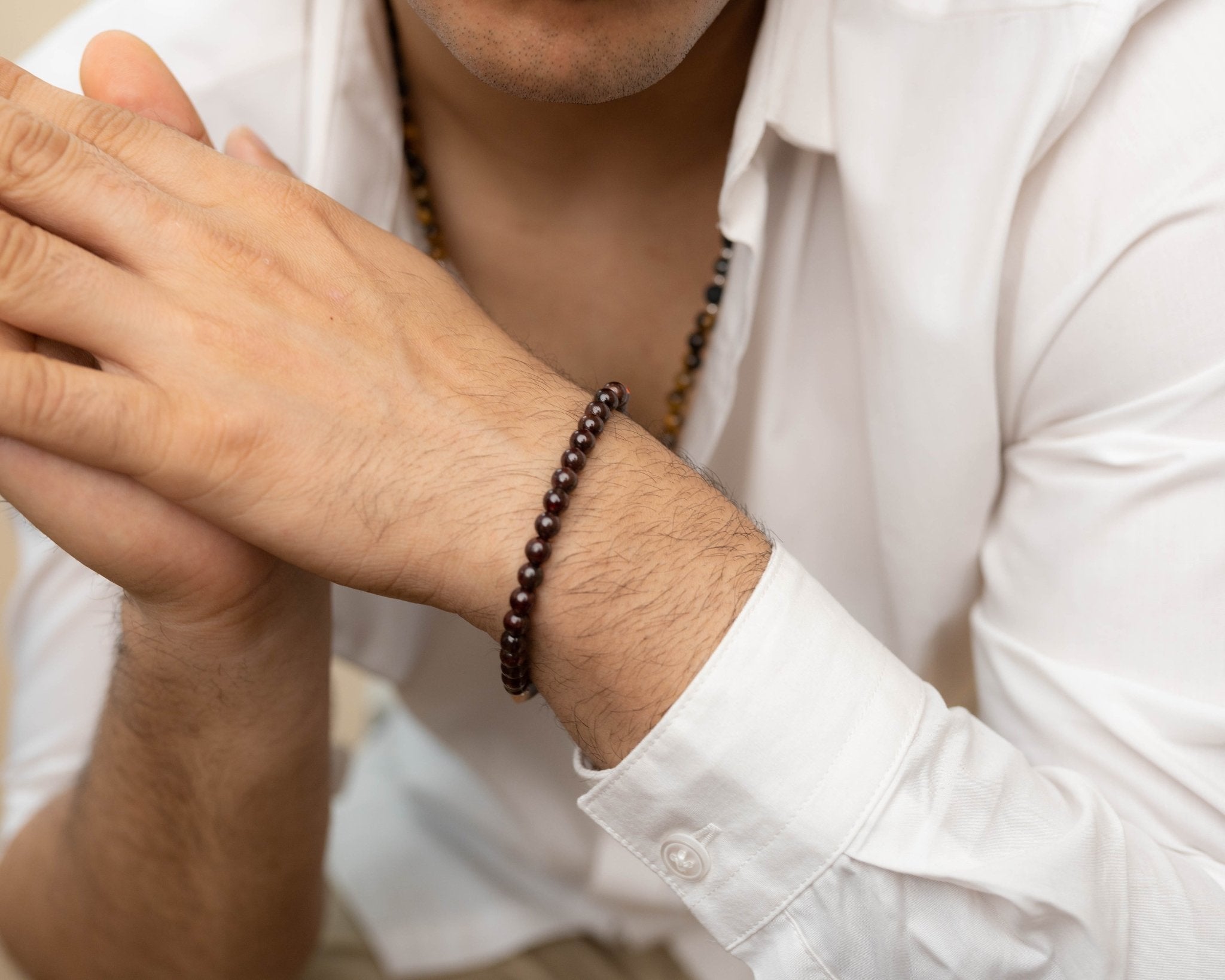 Garnet & Wooden Beads with Silver Charm Bracelet