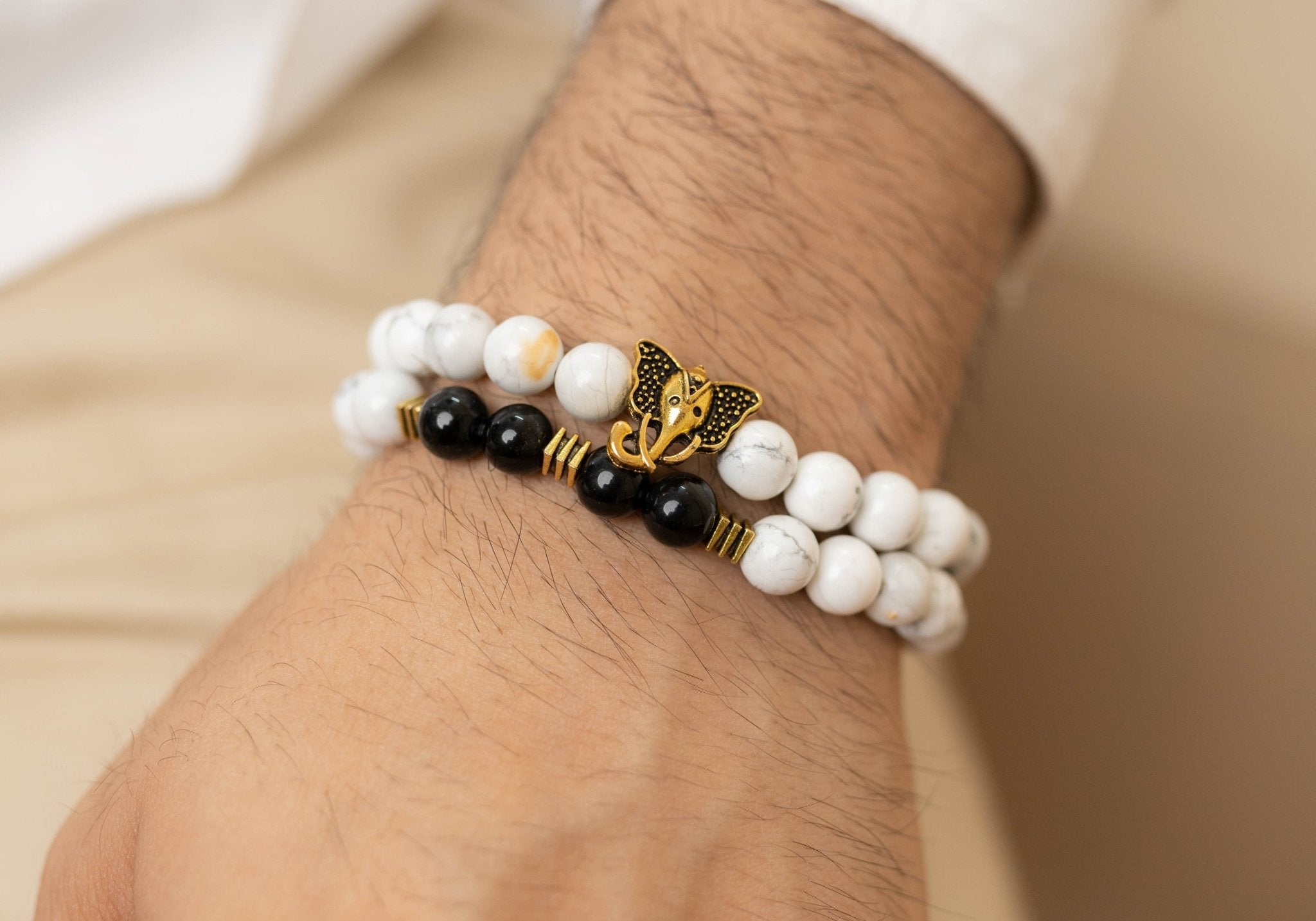Howlite & Black Tourmaline with Golden Charm Combo Bracelets - Bodh Gem and Crystals