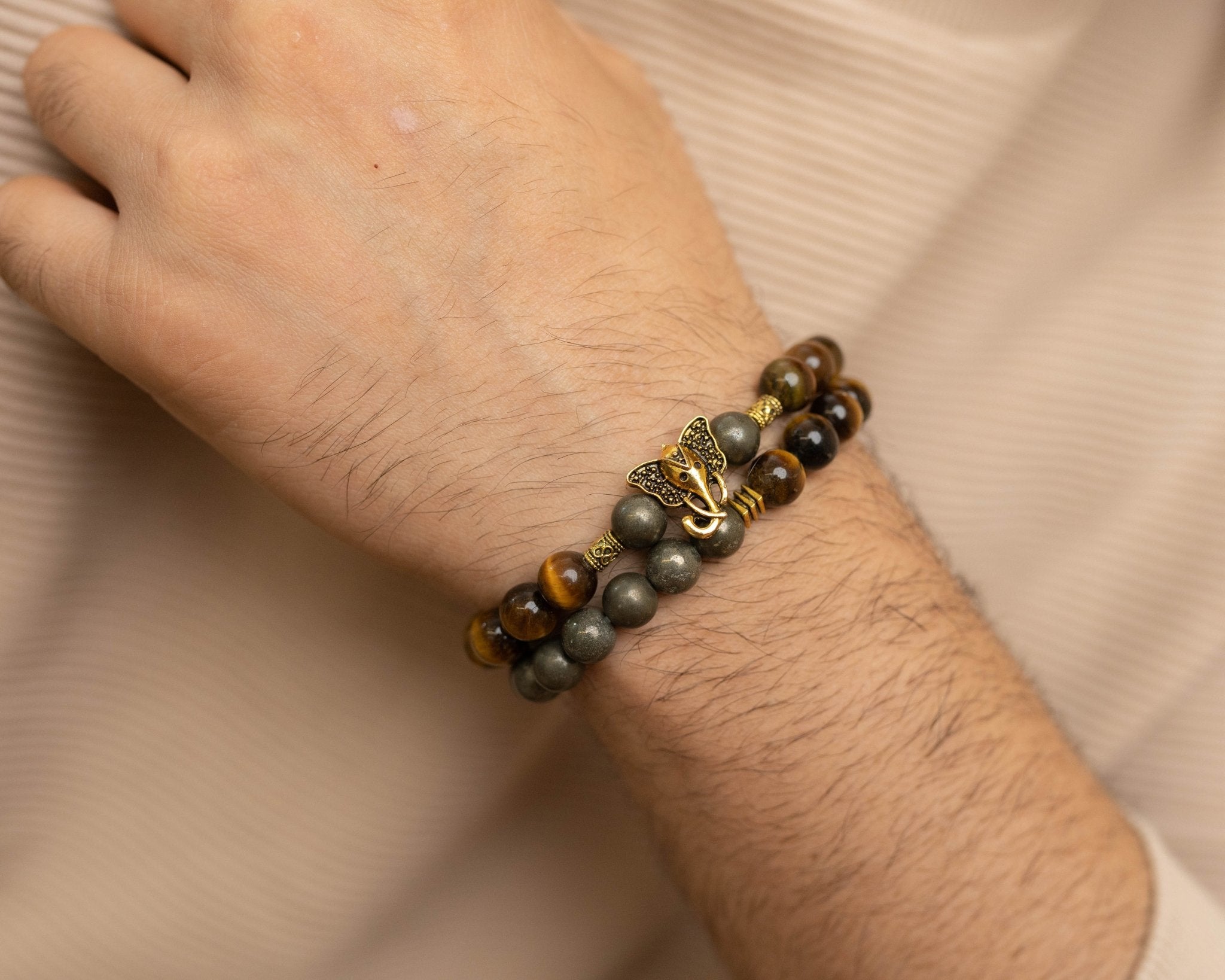 Iron Pyrite & Tiger's Eye with Golden Charm Combo Bracelets - Bodh Gem and Crystals