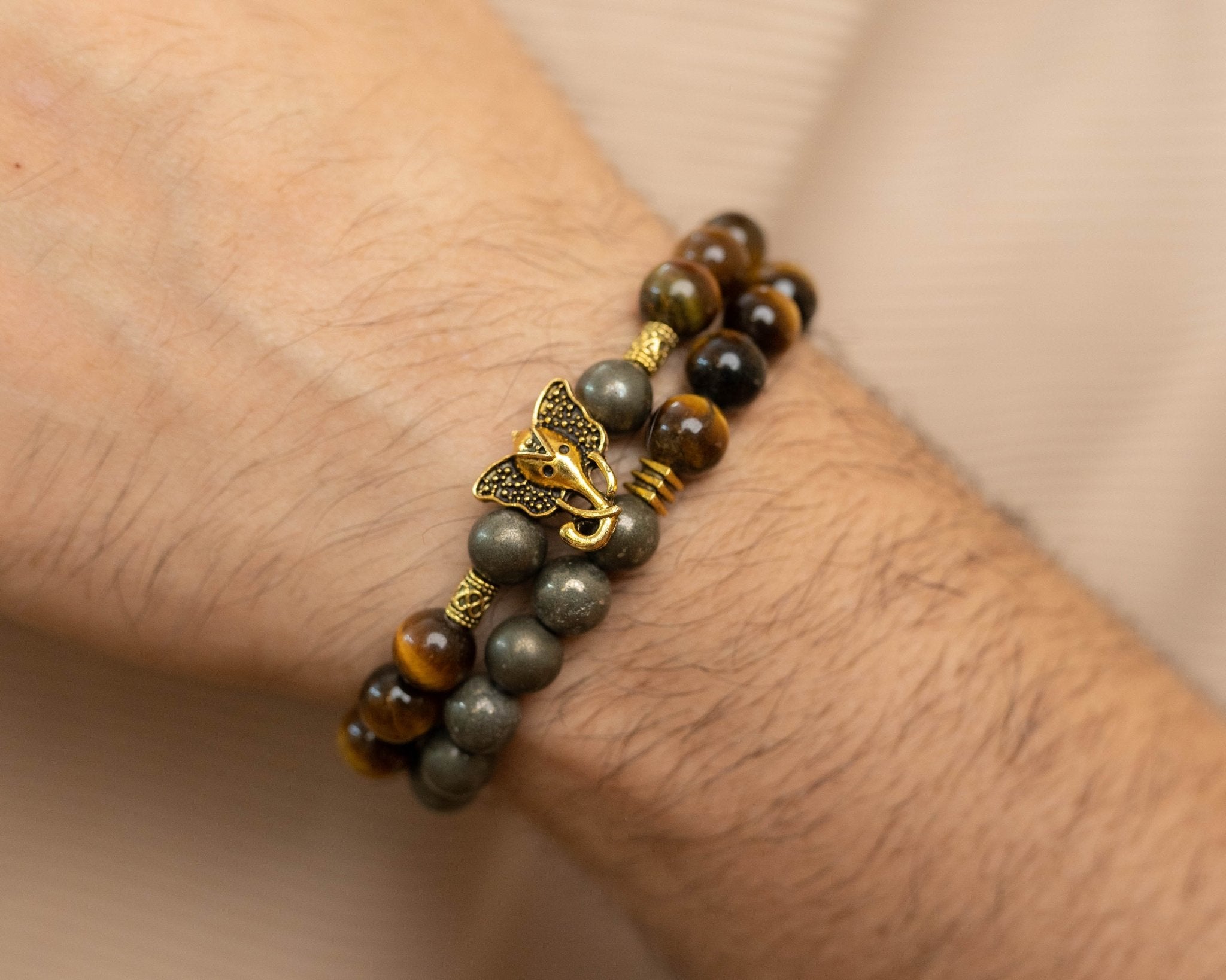 Iron Pyrite & Tiger's Eye with Golden Charm Combo Bracelets - Bodh Gem and Crystals