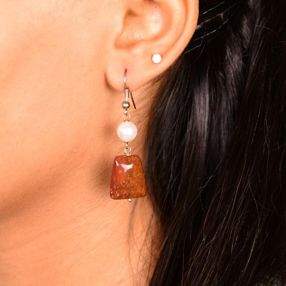 Jasper with Pearl Earrings - Bodh Gem and Crystals