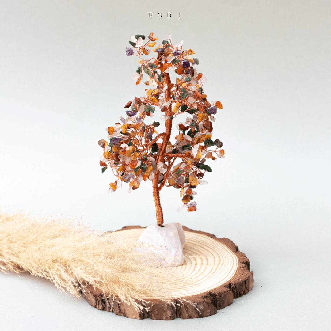 Mix Chakra Tree with rose quartz cluster - Bodh Gem and Crystals