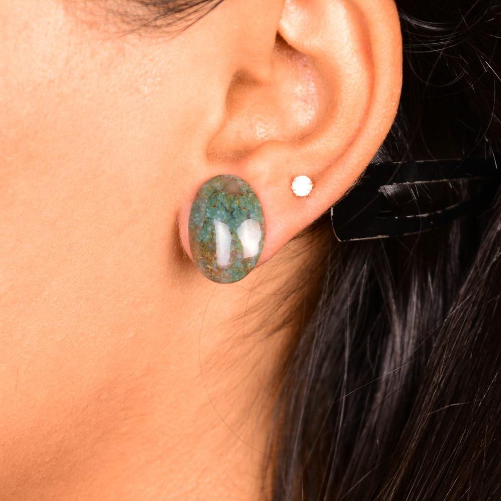 Moss Agate Stud Earrings (C) - Bodh Gem and Crystals