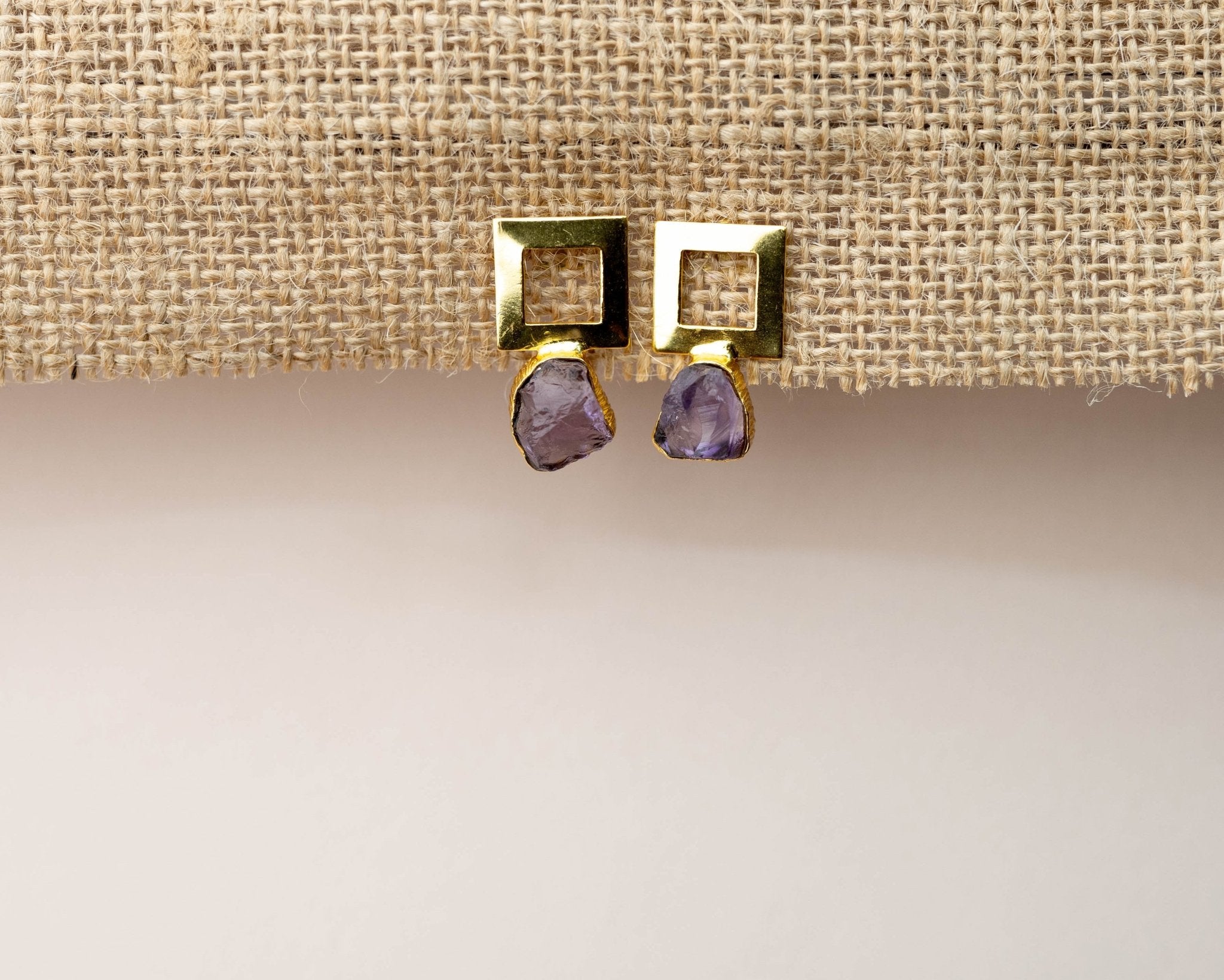 Raw Amethyst Metal Square Earrings - Bodh Gem and Crystals