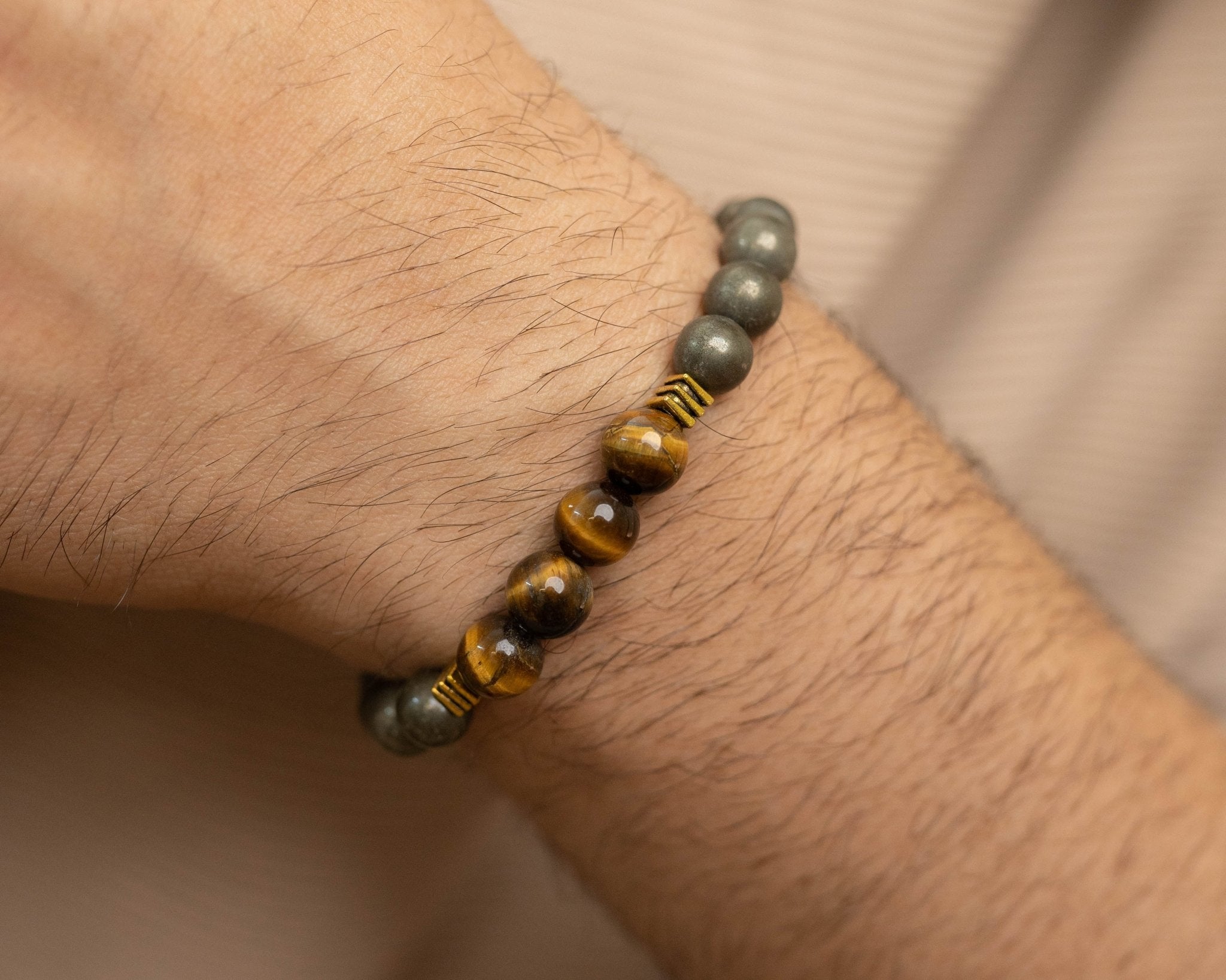 Tiger's Eye & Iron Pyrite with Golden Charm Bracelet - Bodh Gem and Crystals