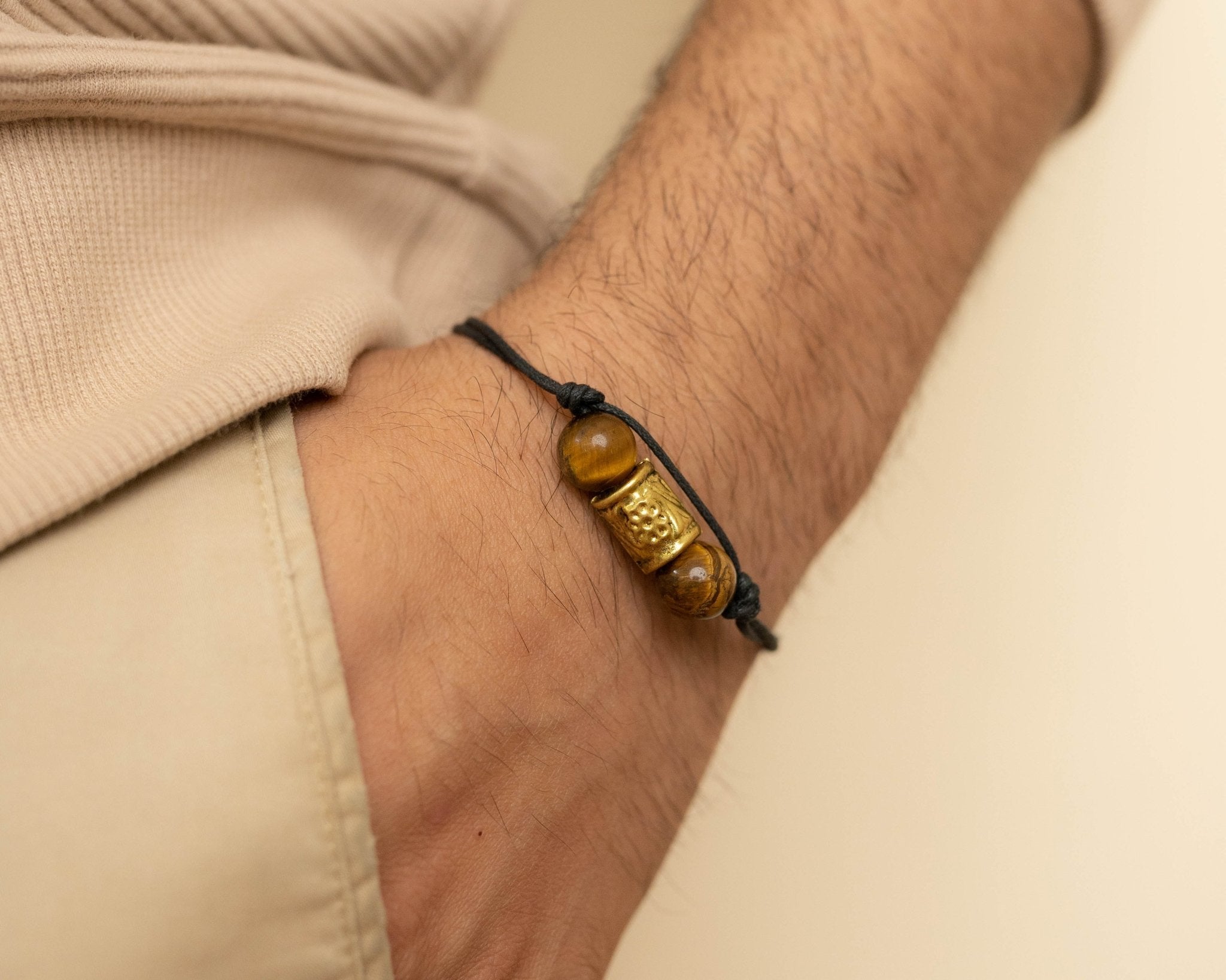 Tiger's Eye with Golden Charm Thread Bracelet - Bodh Gem and Crystals
